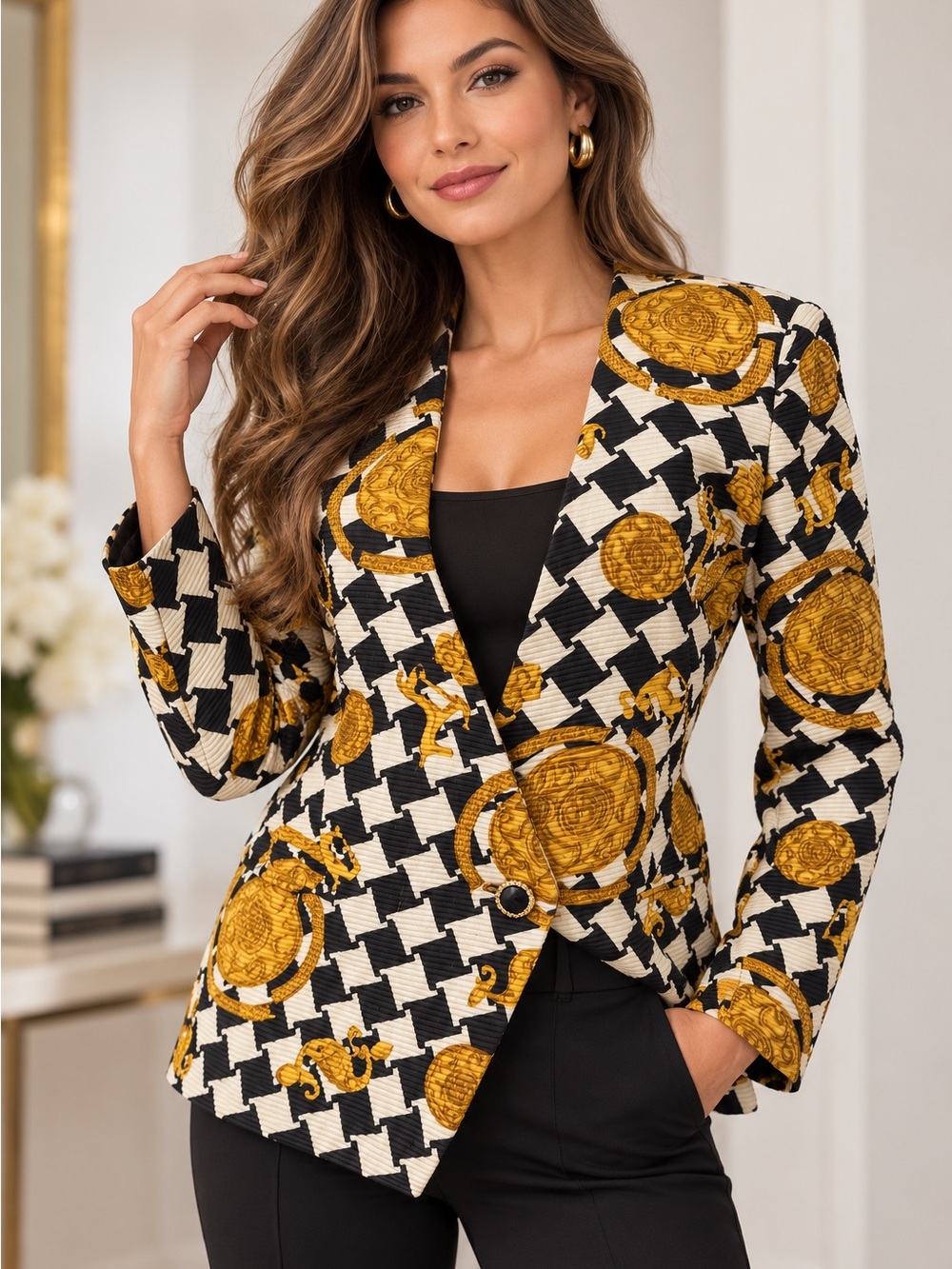 Black & Gold Medallion Single-Button Blazer
